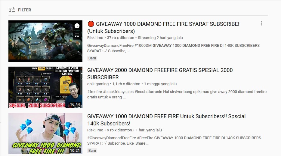 Giveaway Diamond Free Fire dari Youtuber (youtube.com)