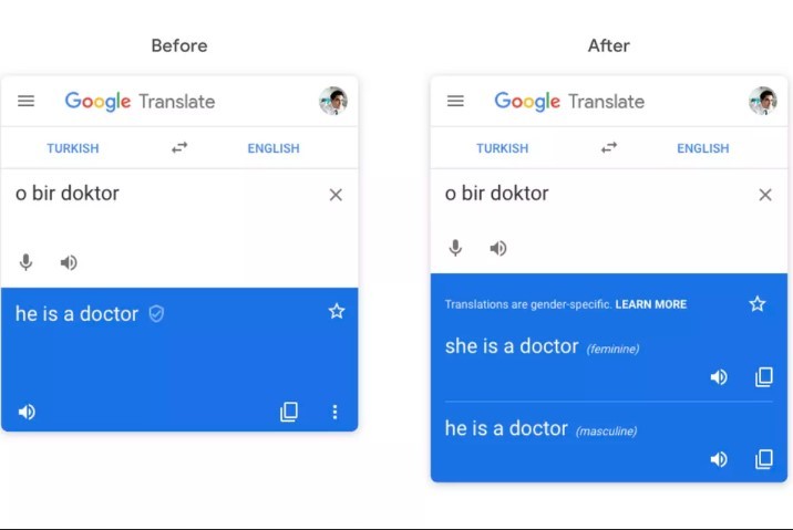 Contoh penggunaan fitur gender di Google Translate (The Verge)